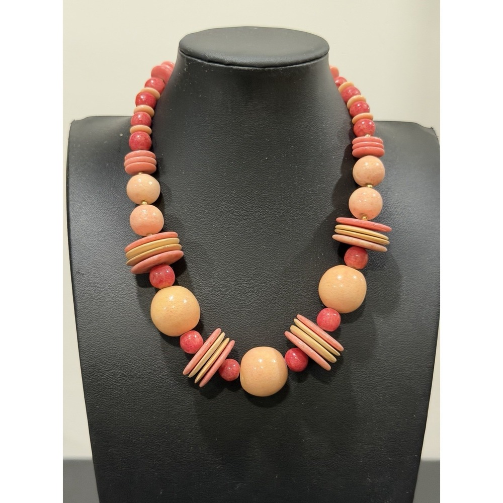 Vintage Chunky  Peach ‎ Pink Wood And Ceramic Beaded Necklace Boho 17" Barrel